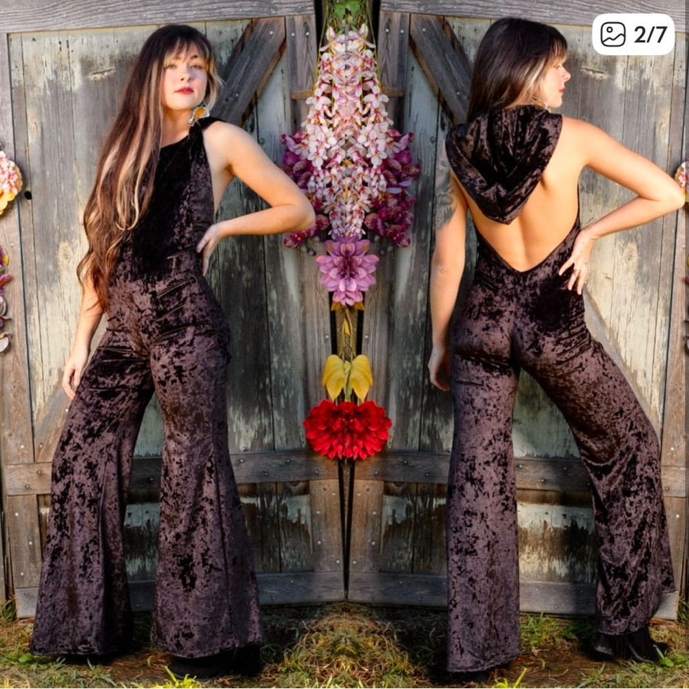 Warrior Within - Chocolate Brown Velvet Hooded Flare Jumpsuit